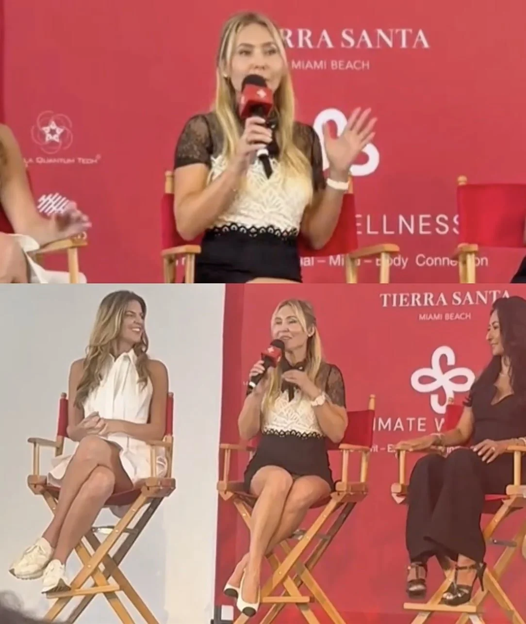Three women participating in a panel discussion at Tierra Santa Miami Beach, sitting on director's chairs with a red background and the event's branding. The woman in the center is speaking into a microphone, wearing a black and white dress with lace
