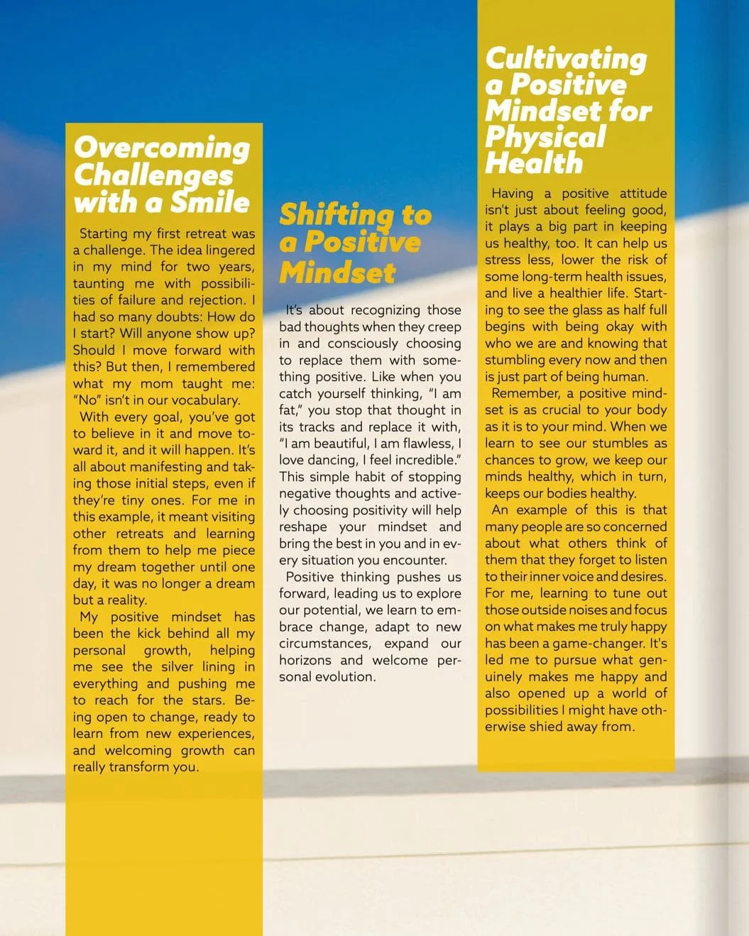 Text on a page with three sections discussing cultivating a positive mindset for physical health, overcoming challenges with a smile, and shifting to a positive mindset. The background includes a blue sky and a landscape with mountains.