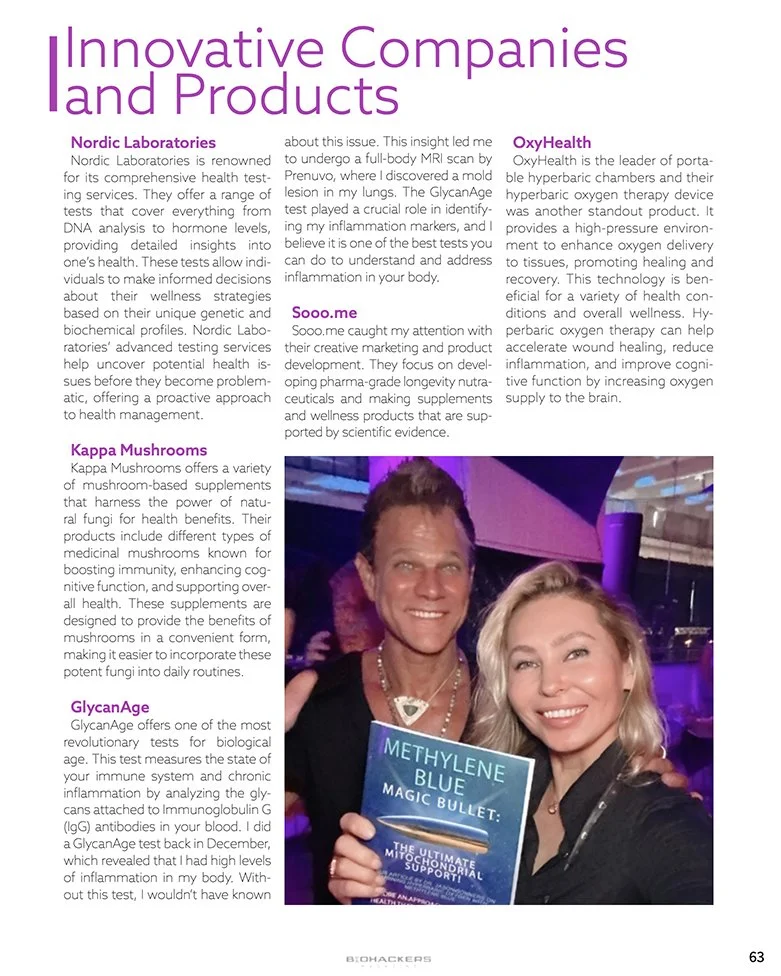 A magazine page titled 'Innovative Companies and Products' featuring descriptions of Nordic Laboratories, Kappa Mushrooms, GlycanAge, Soo.me, and OxyHealth. There is a photo of a man and woman smiling, holding a book titled 'Methylene Blue' at the bo