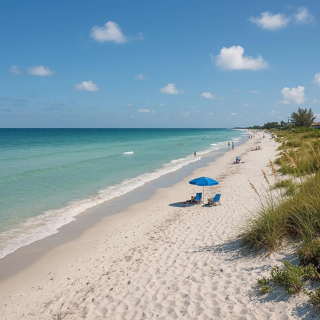 A beach scene with a blue sky, scattered clouds, turquoise ocean water, and white sandy shore lined with green grasses. There are a few beach chairs and an umbrella on the sand, with people swimming, walking, and relaxing along the shoreline.