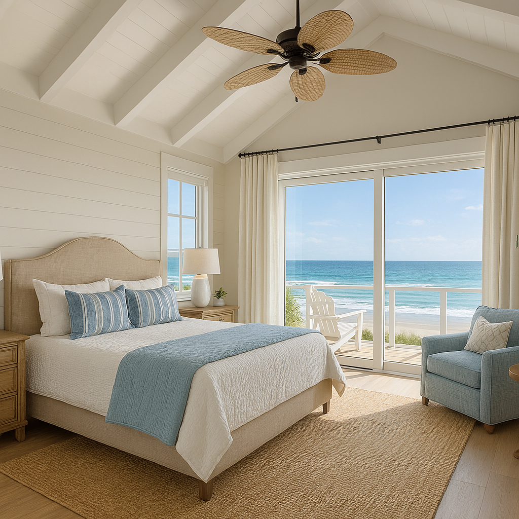 Beach view bedroom with large sliding glass door opening to a balcony overlooking the ocean, bed with blue and white bedding, a small blue armchair, a wooden nightstand with a lamp, and a ceiling fan with palm leaf-shaped blades.