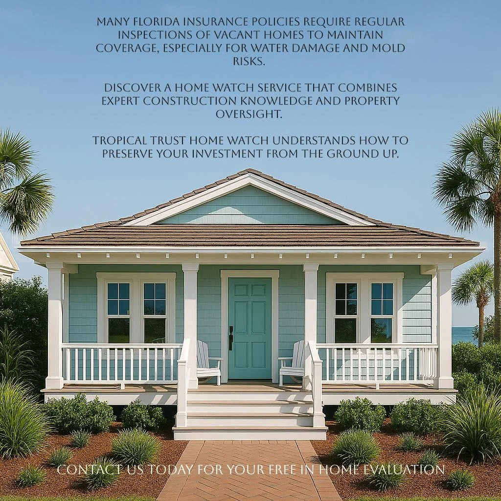 A tropical beach house with blue siding, white trim, a front porch with two chairs, steps leading up to it, surrounded by palm trees and green shrubbery
