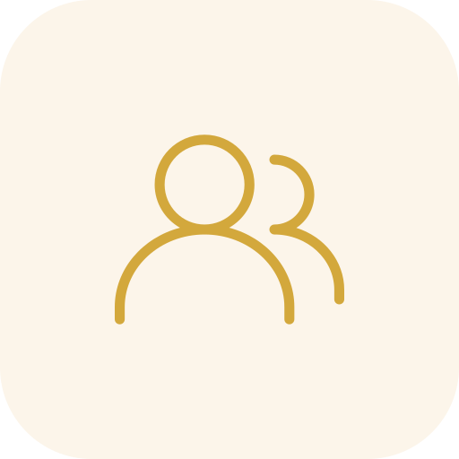 Simplified icon of two people, one in front and one behind, outlined in gold on a light background.