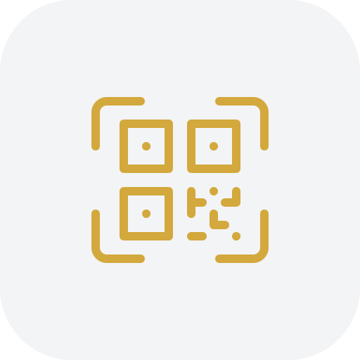 QR code with a gold outline on a gray background