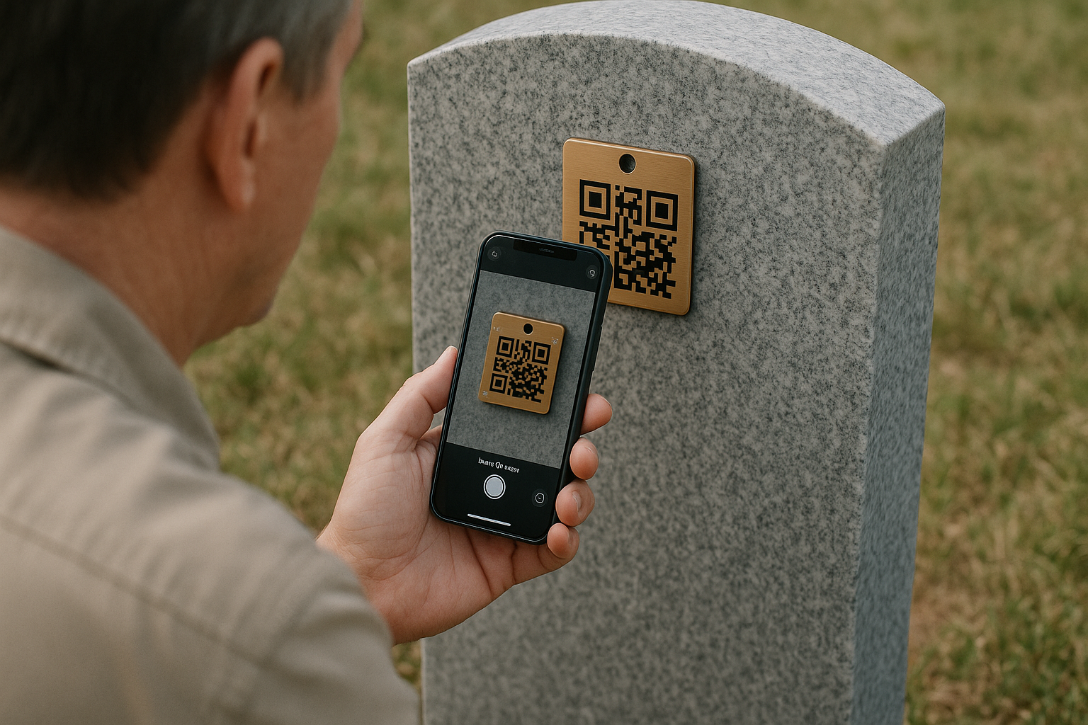 A man using a smartphone to scan a QR code on a plaque attached to a gray stone monument outdoors.