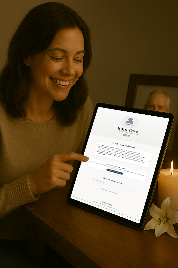 family viewing online memorial tribute page