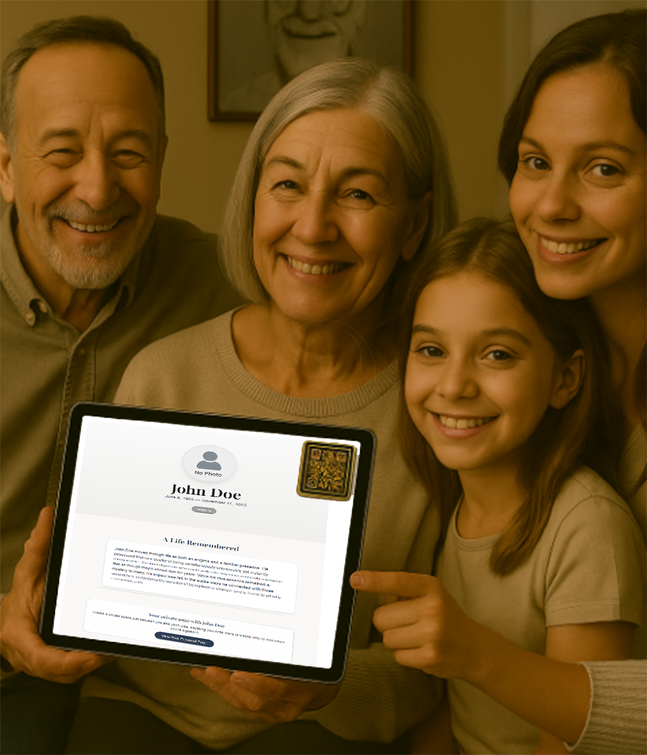 A multi-generational family smiling together indoors, holding a tablet displaying a funeral home's online memorial page for John Doe.