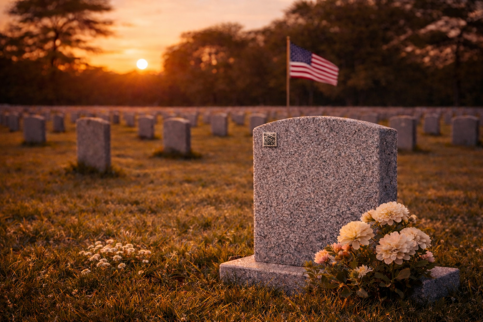 A gravestone in a military cemetery during sunset with an American flag in the background and a bouquet of flowers at the gravestone.