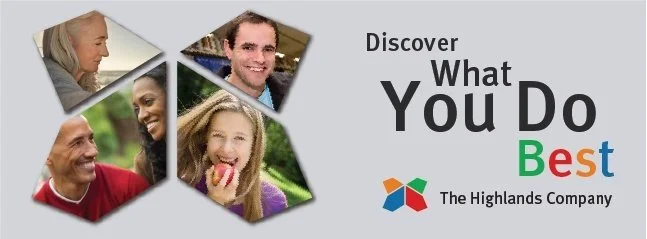 Collage of diverse people smiling and enjoying outdoor activities, with logo and text reading 'Discover What You Do Best' and 'The Highlands Company'.