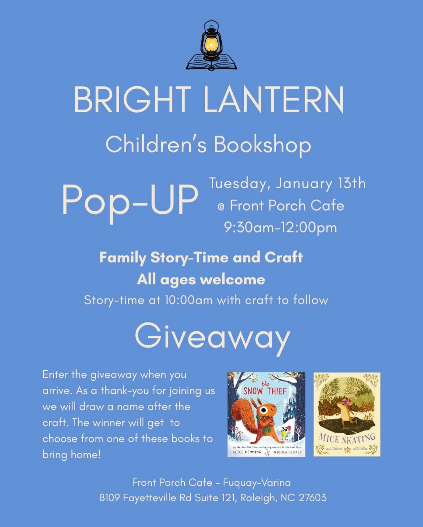 Make sure to join us next Tuesday for story-time and a craft at the @frontporch_fuquay! We will be giving away one free book to a lucky winner!

Make sure to share this with your friends! 

#storytime #childrensbooks #wintercraft #giveaway