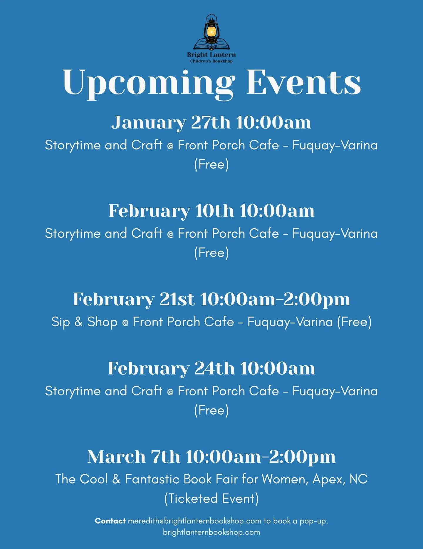 Here&rsquo;s a look at our upcoming events! We are excited to bring our pop-up bookstore along with story time and craft events to the community. 

Keep following to stay up to date with where we will be next! 

Send a message or email meredith@brigh