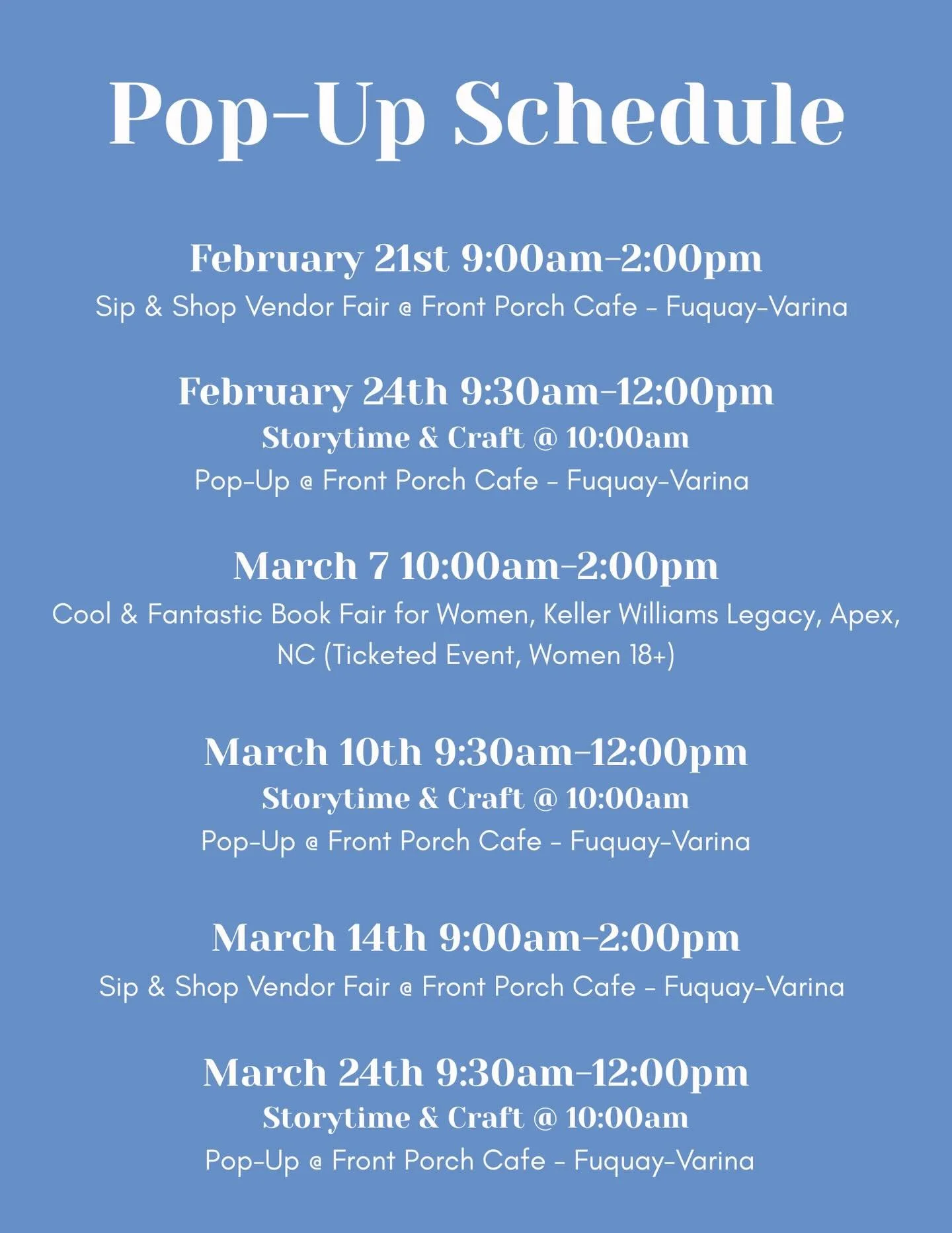 An updated event schedule! Make sure to follow us on Instagram and Facebook to stay up to date. 

#childrensbookstore #popupbookshop