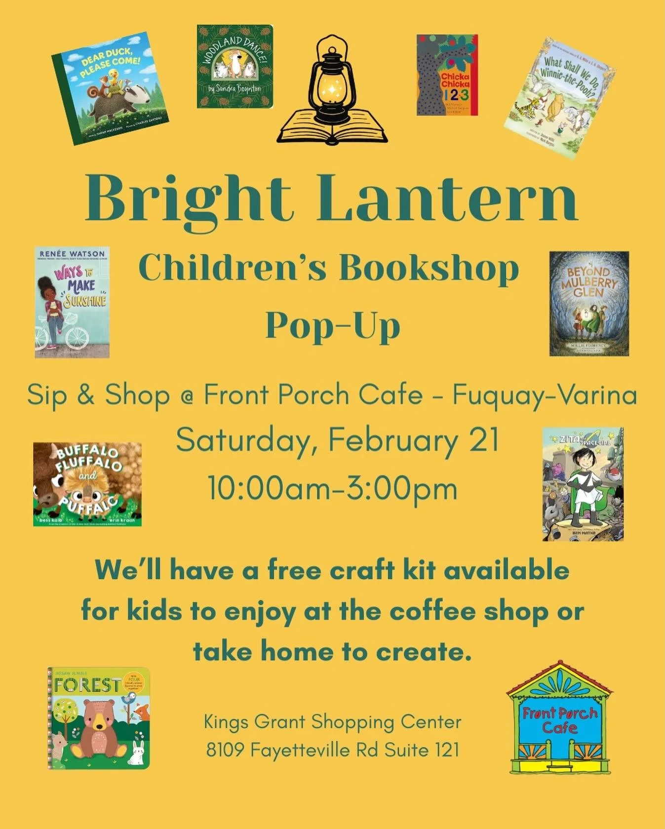Come see us and other local vendors this Saturday at the @frontporch_fuquay!  We&rsquo;ll have a wonderful collection of children&rsquo;s books ready for you to browse and shop, plus free mini craft kits for kids to enjoy at the caf&eacute; or take h