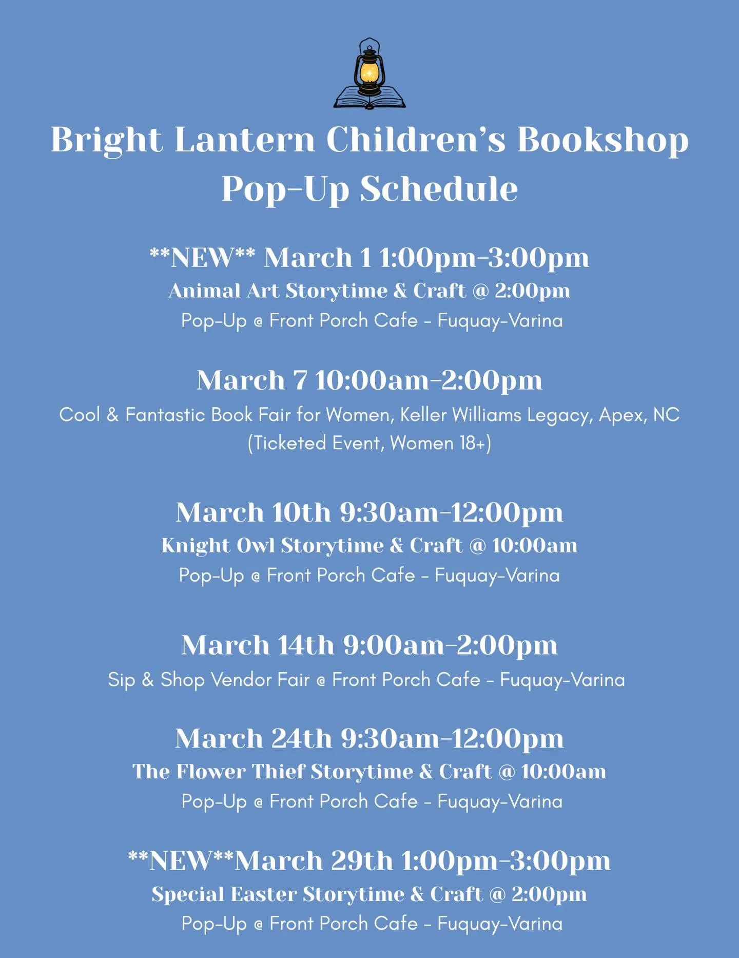 Updated March schedule! We have added two Sunday afternoon story-times for those who cannot make it during the week! We welcome kids of all ages!

Thank you to @frontporch_fuquay for co-hosting these story-time events! 

Also, thank you to everyone w