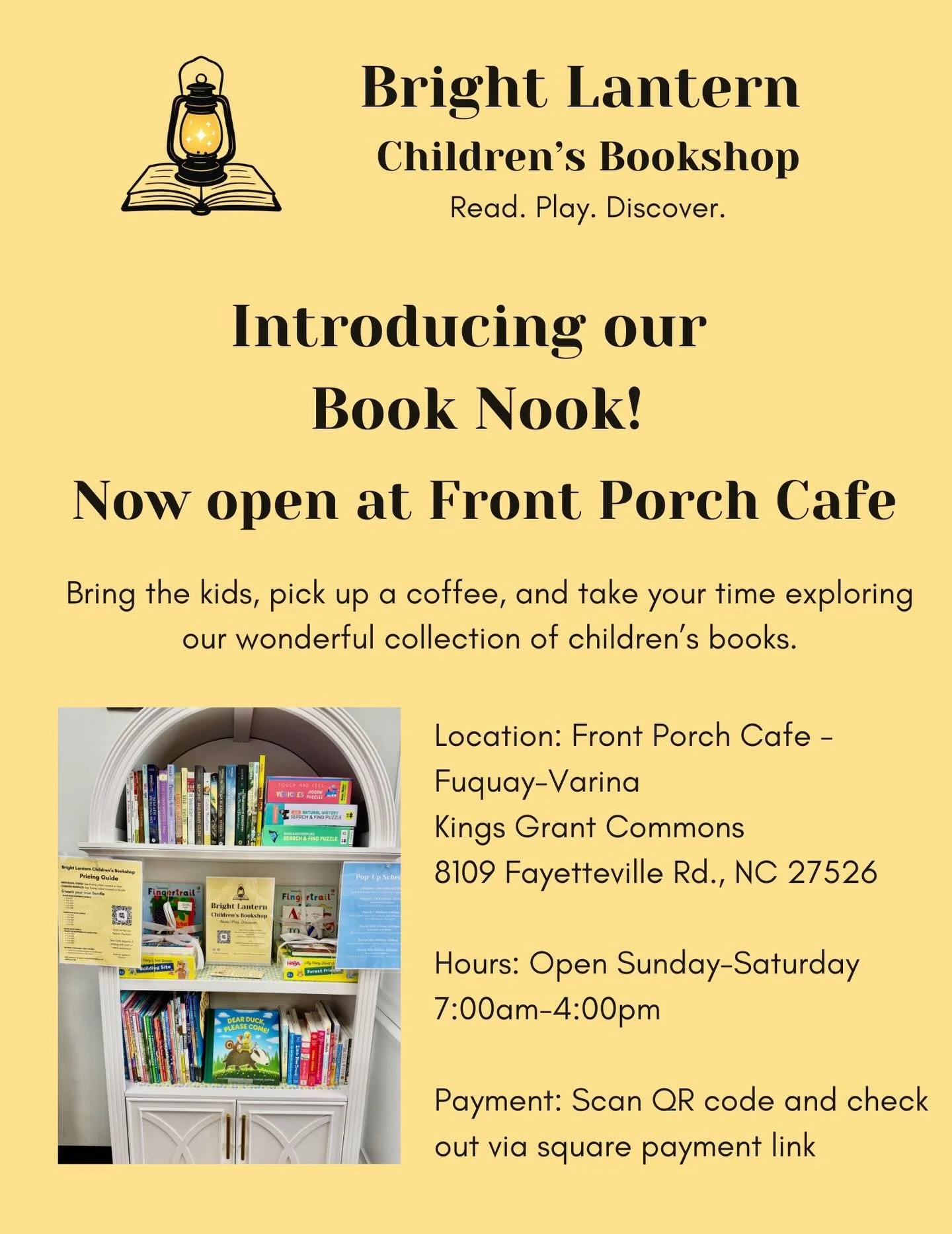 We love getting to help create a welcoming space where families can slow down and connect. 💛

Visit our Book Nook at the @frontporch_fuquay, enjoy your favorite coffee, let the kids pick out a fun drink and a breakfast sandwich or pastry, and take y