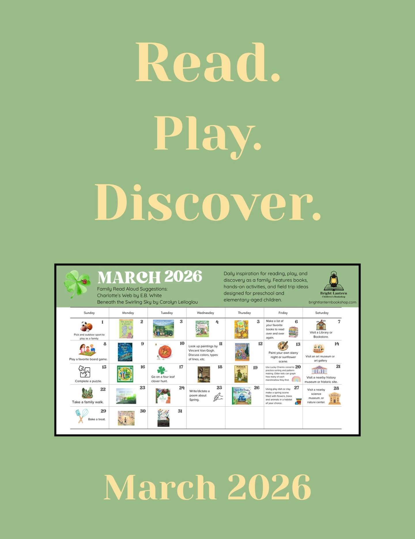 The free March 2026 Read, Play, and Discover Calendar is available to view! Visit our blog to view the full version or download the PDF! (Link in bio)

The calendar is filled with book recommendations, activity ideas, and field trips, each week theme