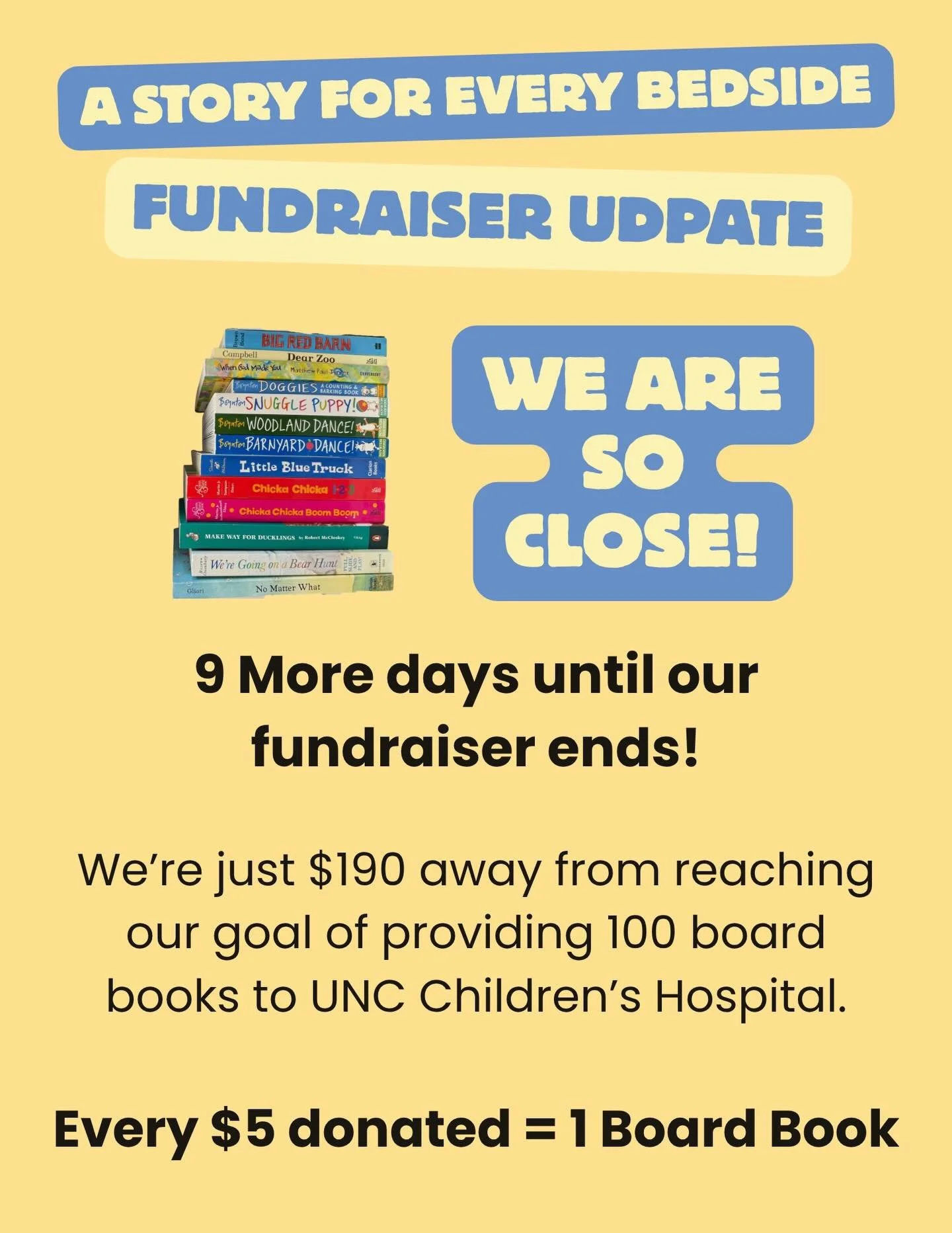 We&rsquo;re just $190 away from reaching our goal of providing 100 board books to UNC Children&rsquo;s Hospital 📚

From now through April 30, every purchase made on our website (link in bio) or at our Book Nook will go directly toward supporting thi