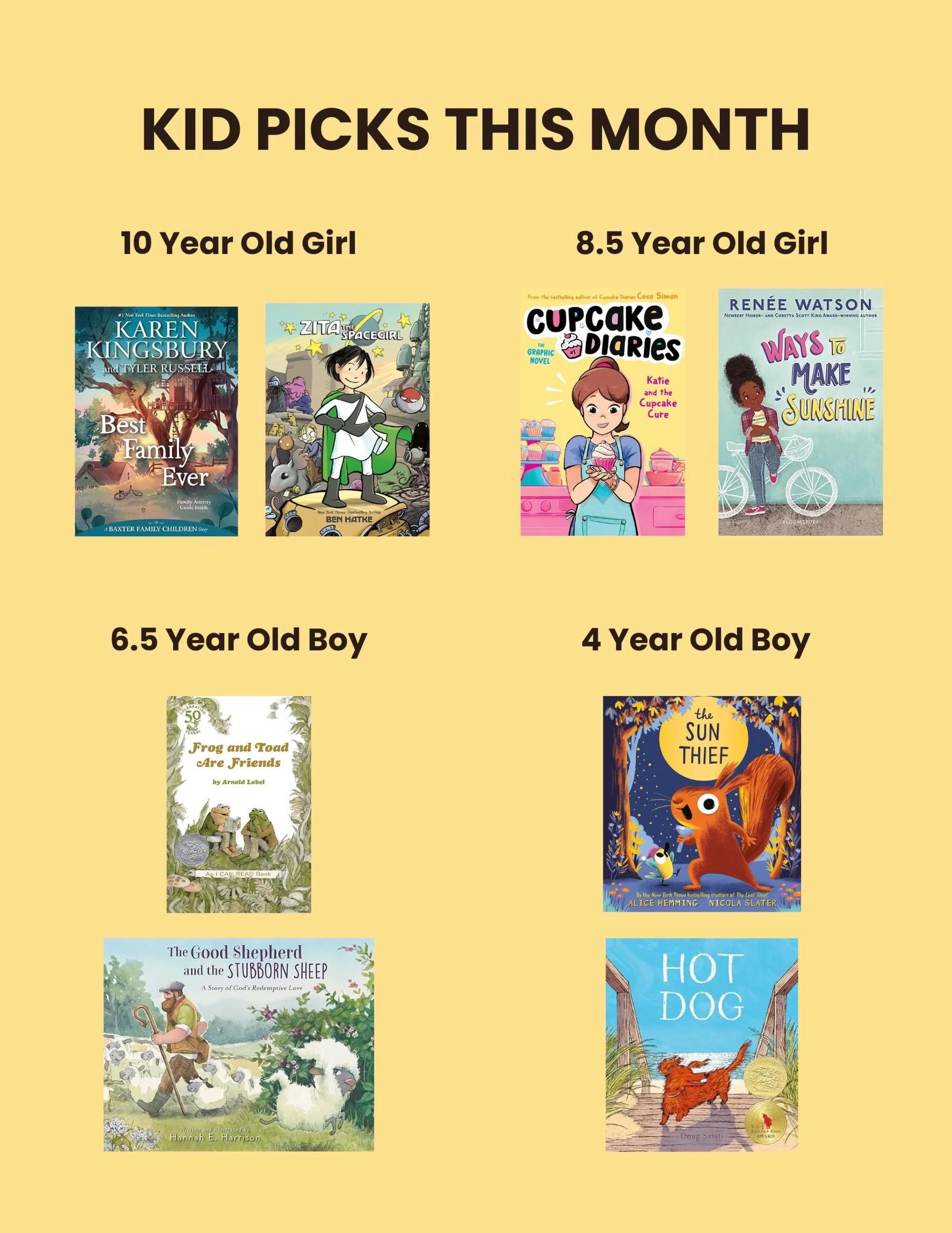 Straight from our youngest book critics! 📚✨

These are some favorite reads from this past month, chosen by kids ages 4&ndash;10!

Have your kids read any of these? Comment below some recent favorites in your family! ❤️📖

#kidsbooks #bookrecommendat