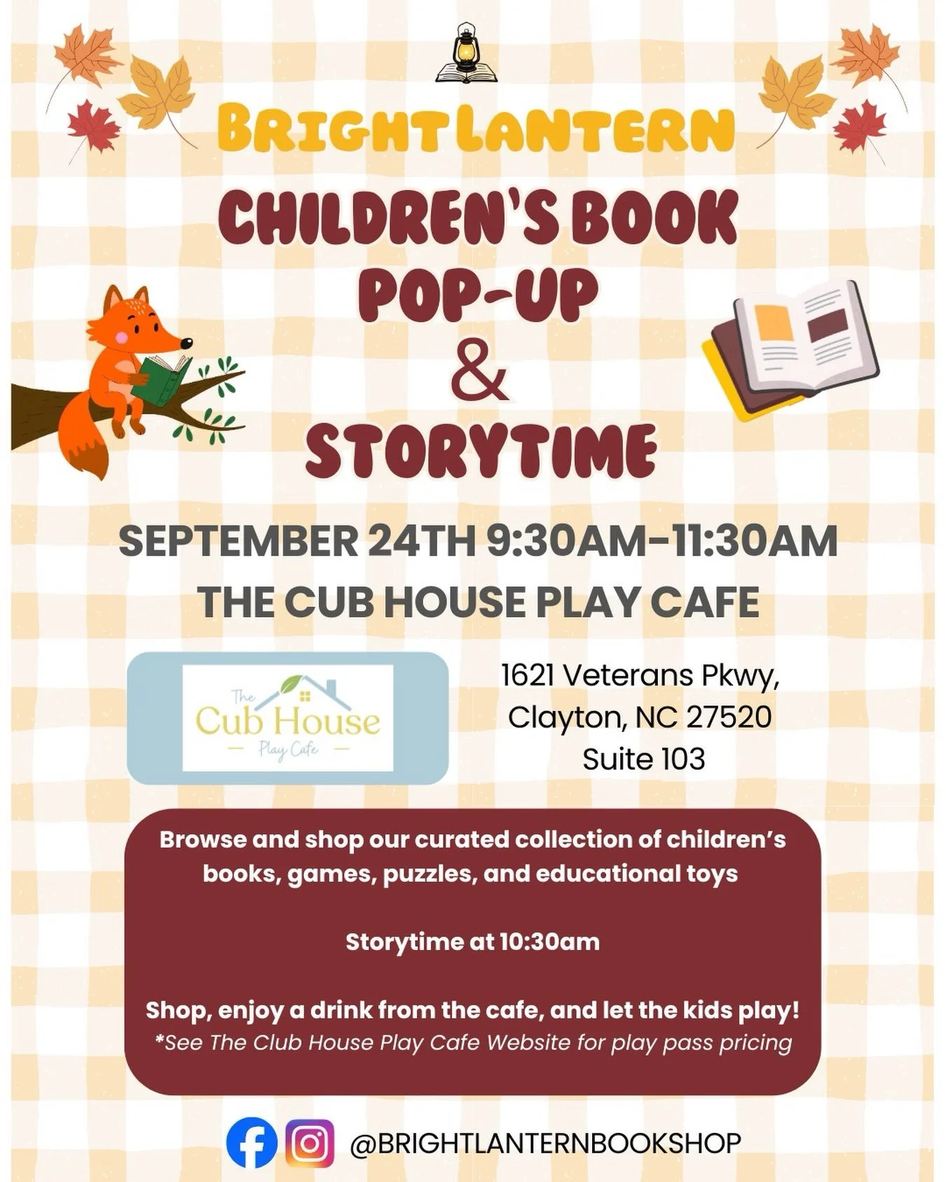 🍂📚 Fall Children&rsquo;s Book Pop-Up + Storytime! 📚🍂

We&rsquo;re excited to bring Bright Lantern Children&rsquo;s Bookshop to @thecubhouseplayspace on September 24th! 🧡

Come browse and shop our collection of children&rsquo;s books and join us 