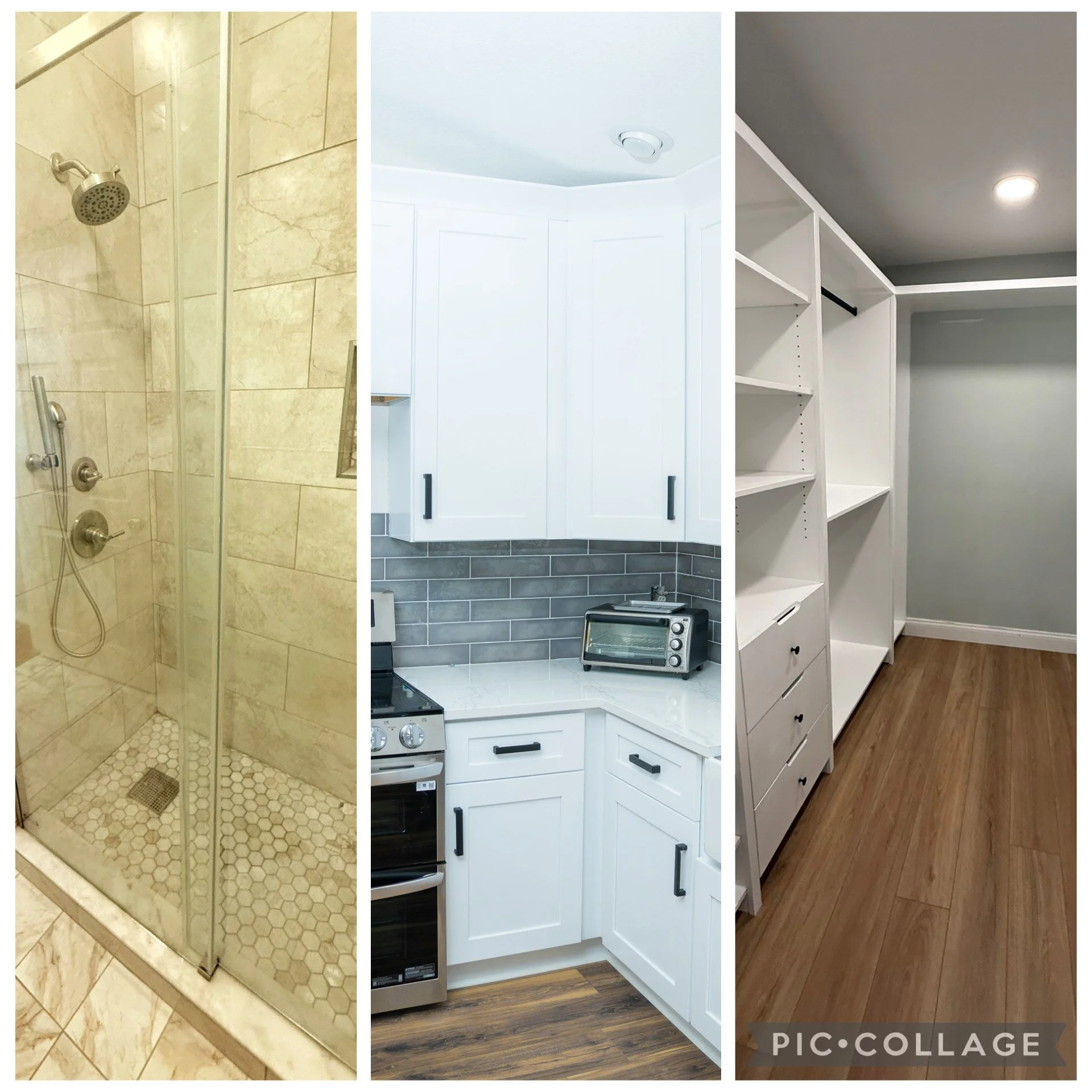 A collage of three images showing different room interiors: a walk-in shower with beige tiles on the left, a kitchen with white cabinets, gray backsplash, and a toaster in the middle, and a empty walk-in closet with white shelving and wood flooring on the right.