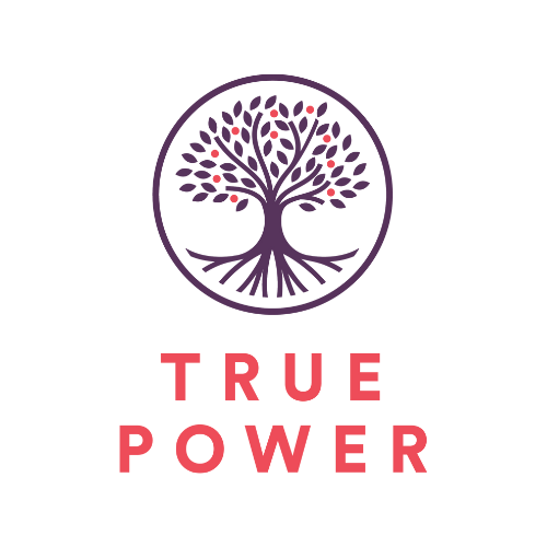 Logo with a stylized tree with purple branches and pink and purple leaves inside a circle, and the words "TRUE POWER" in bold red letters below the tree.