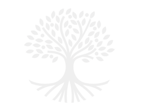 A black and white silhouette of a tree with a thick trunk, many branches, abundant leaves, and visible roots.