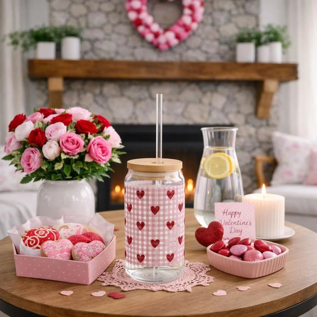 Red Heart Pattern Sipper Glass | 16oz Heart Gingham Tumbler, Valentines Day