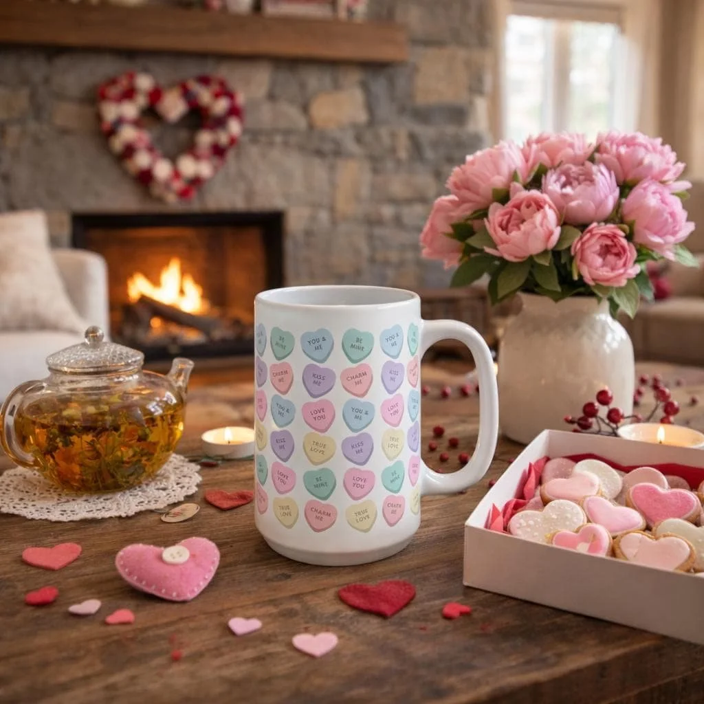 Conversation Heart Pattern Mug | Candy Hearts 15oz Ceramic Coffee Mug, Valentines Day