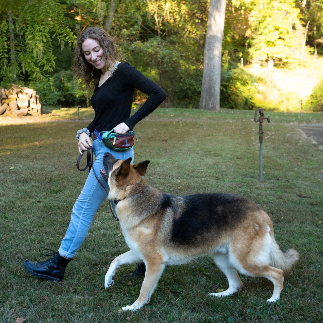 A woman playing with a German Shepherd dog in a park during daytime with trees and grass in the background.