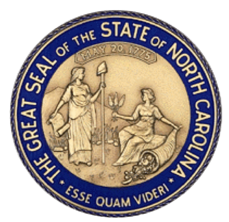Seal of North Carolina featuring two women with a scroll, lantern, and a skull, with the text 'Great Seal of the State of North Carolina' and 'Esse Quam Videri'.