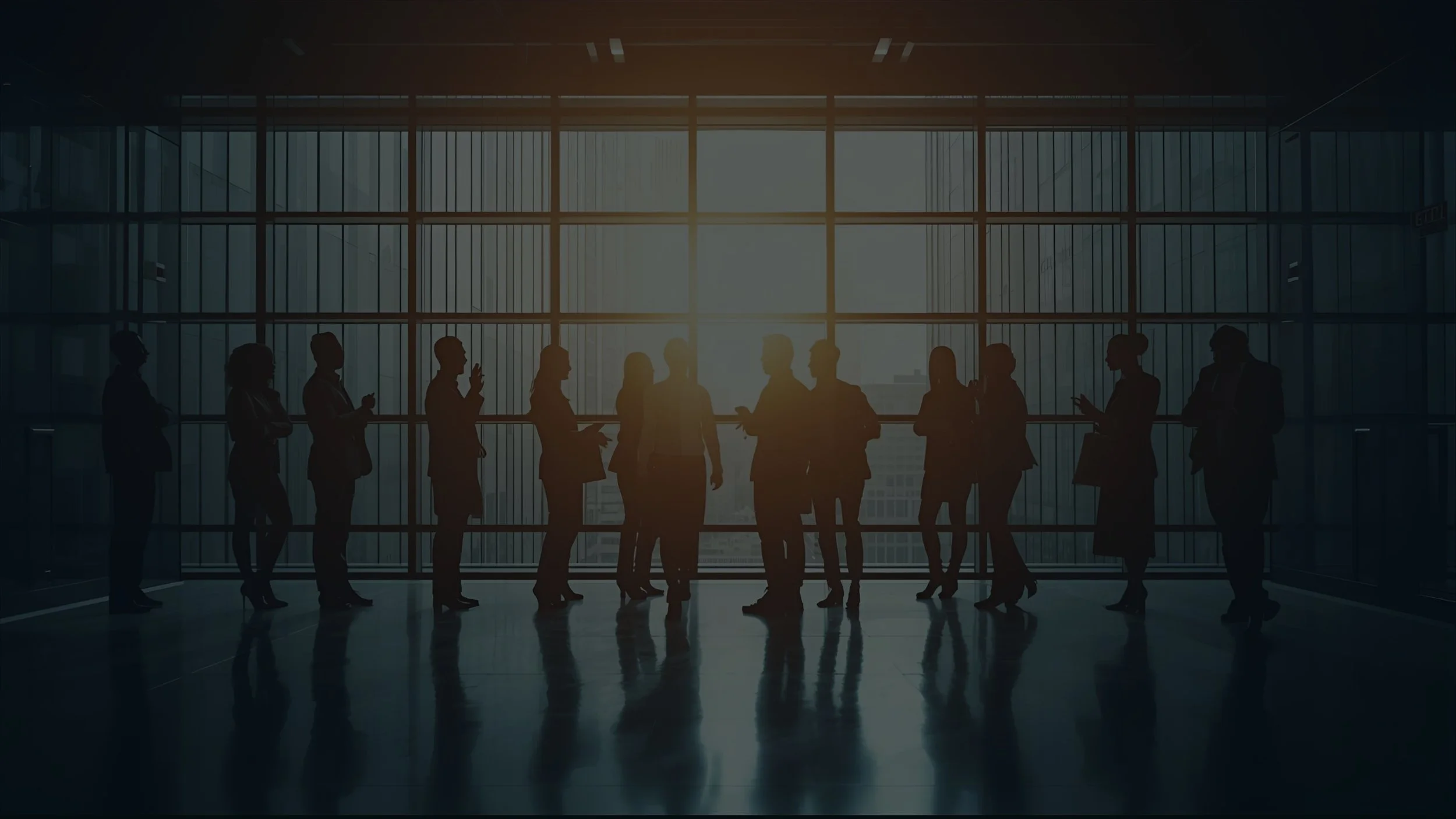 Silhouettes of business professionals talking and using phones inside a tall, modern office with large windows and cityscape view during sunset.