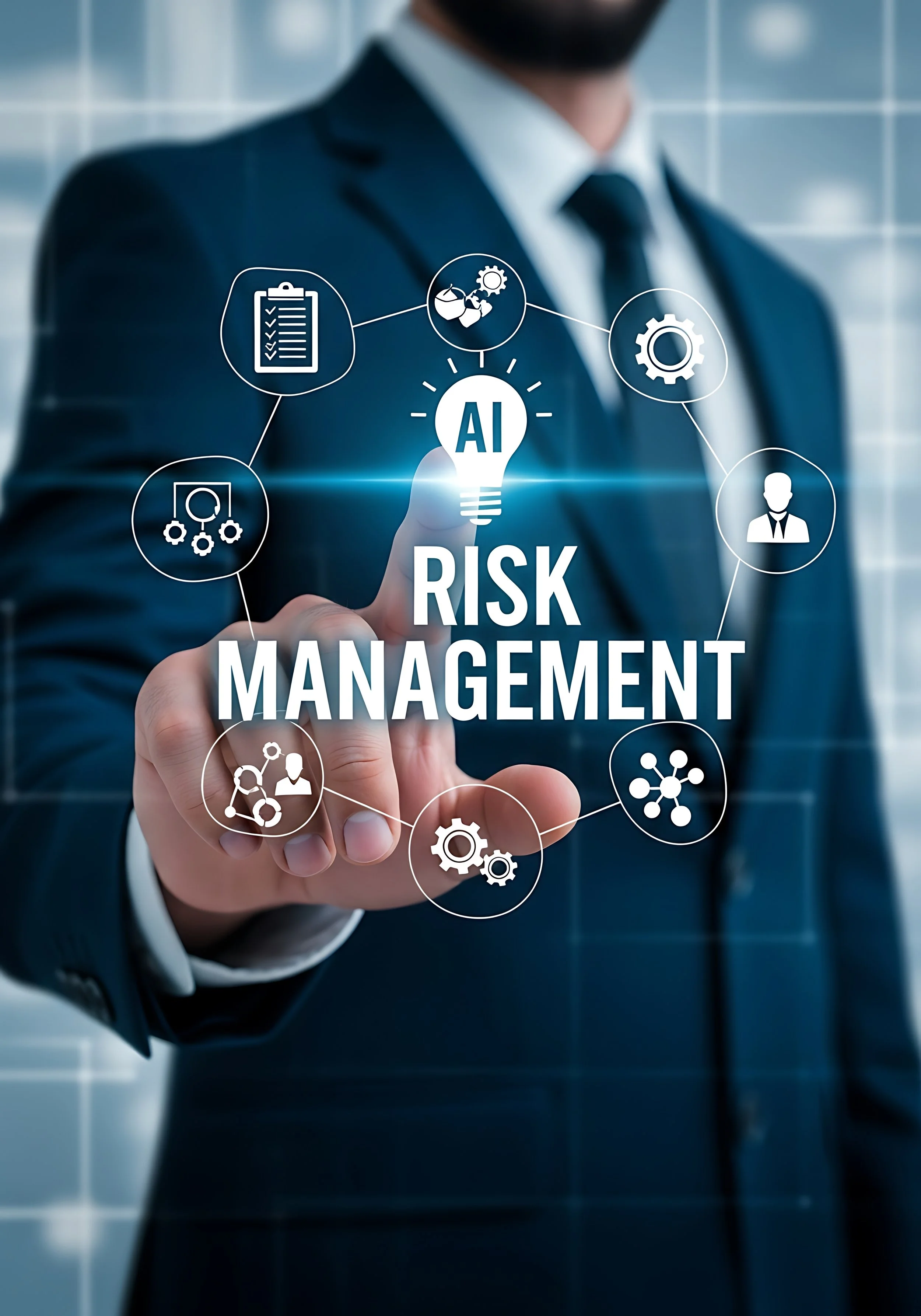 Businessman in a suit points at a virtual display showing 'AI RISK MANAGEMENT' surrounded by icons representing various risk management concepts.