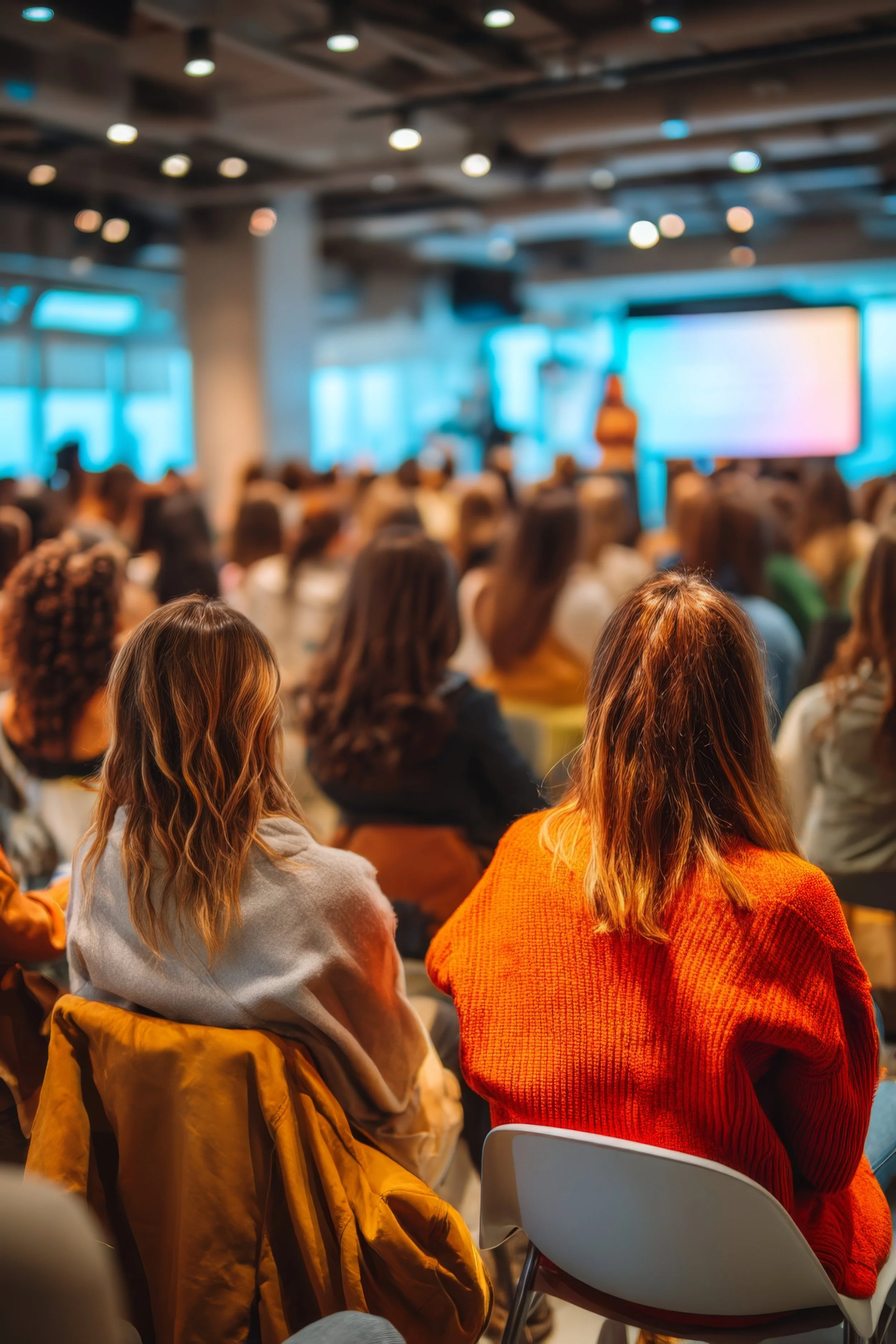 People attend a conference or seminar in a large, well-lit room with a screen at the front.