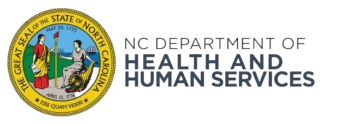 North Carolina Department of Health and Human Services logo, featuring the state seal with a woman holding a sword and a woman sitting, with trees and a river background, and the text "The Great Seal of the State of North Carolina" and "April 12, 1776".