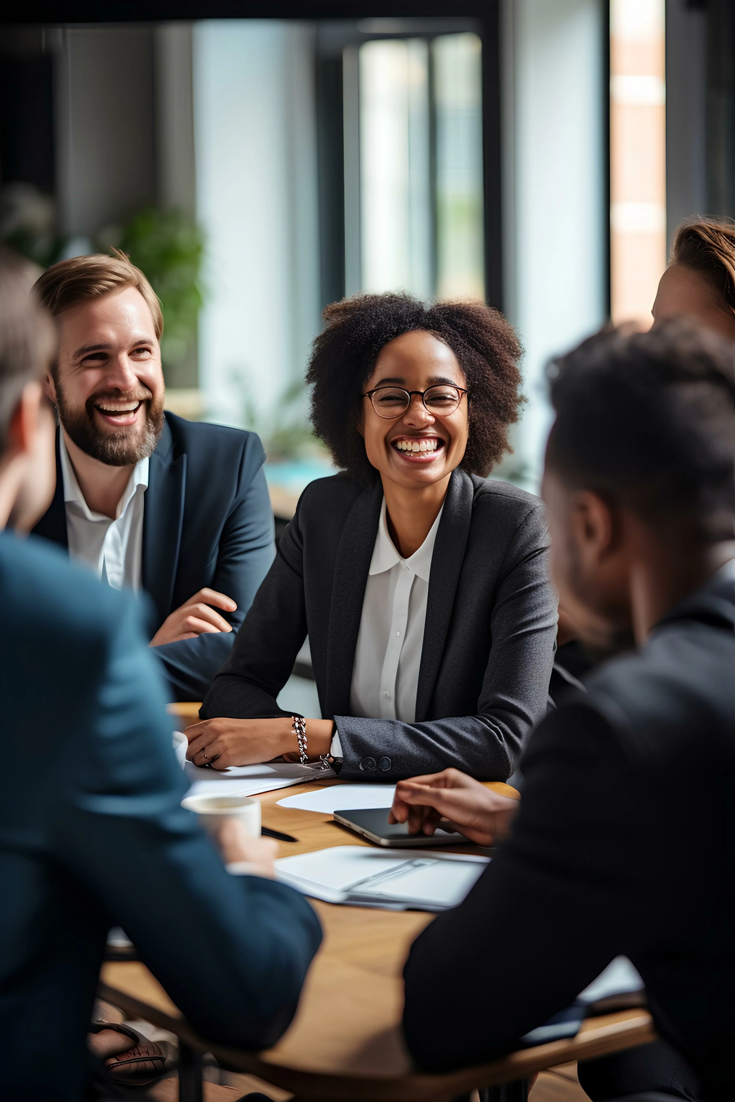 A diverse group of business professionals engaged in a meeting, with one woman smiling broadly and others attentively listening around a table.