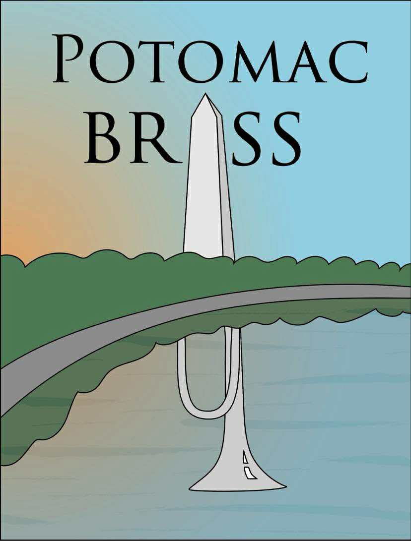 Illustration of the Washington Monument reflected in the Potomac River, with the words "Potomac Brass" at the top.