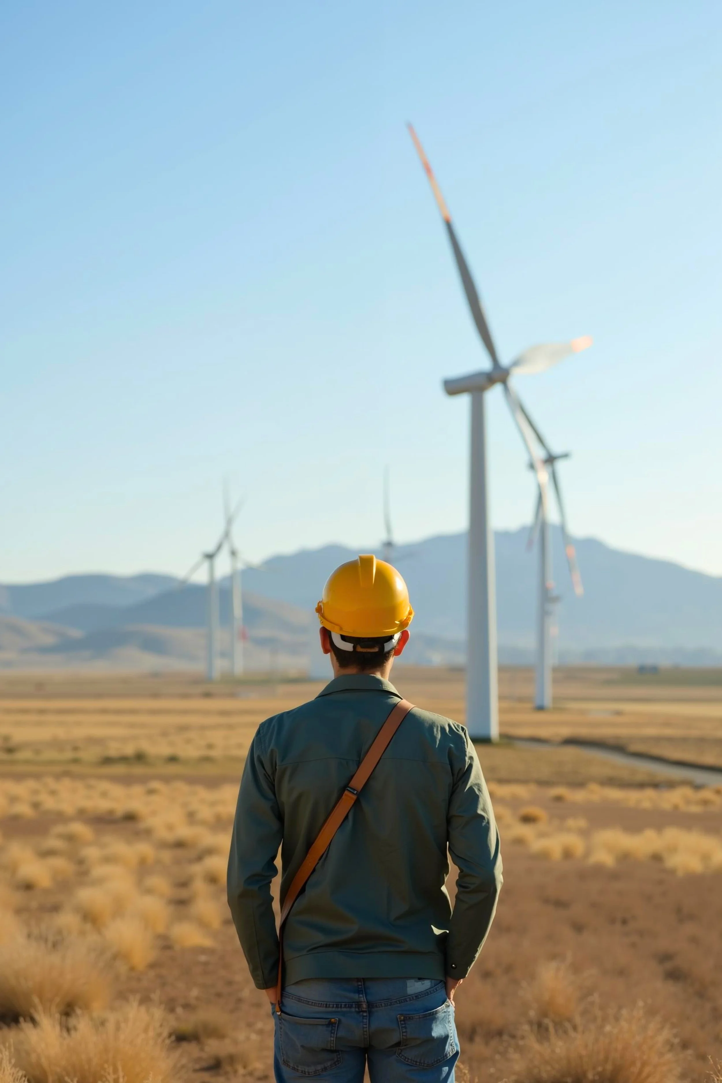 Homem com capacete de segurança observa parque eólico em campo aberto com montanhas ao fundo.