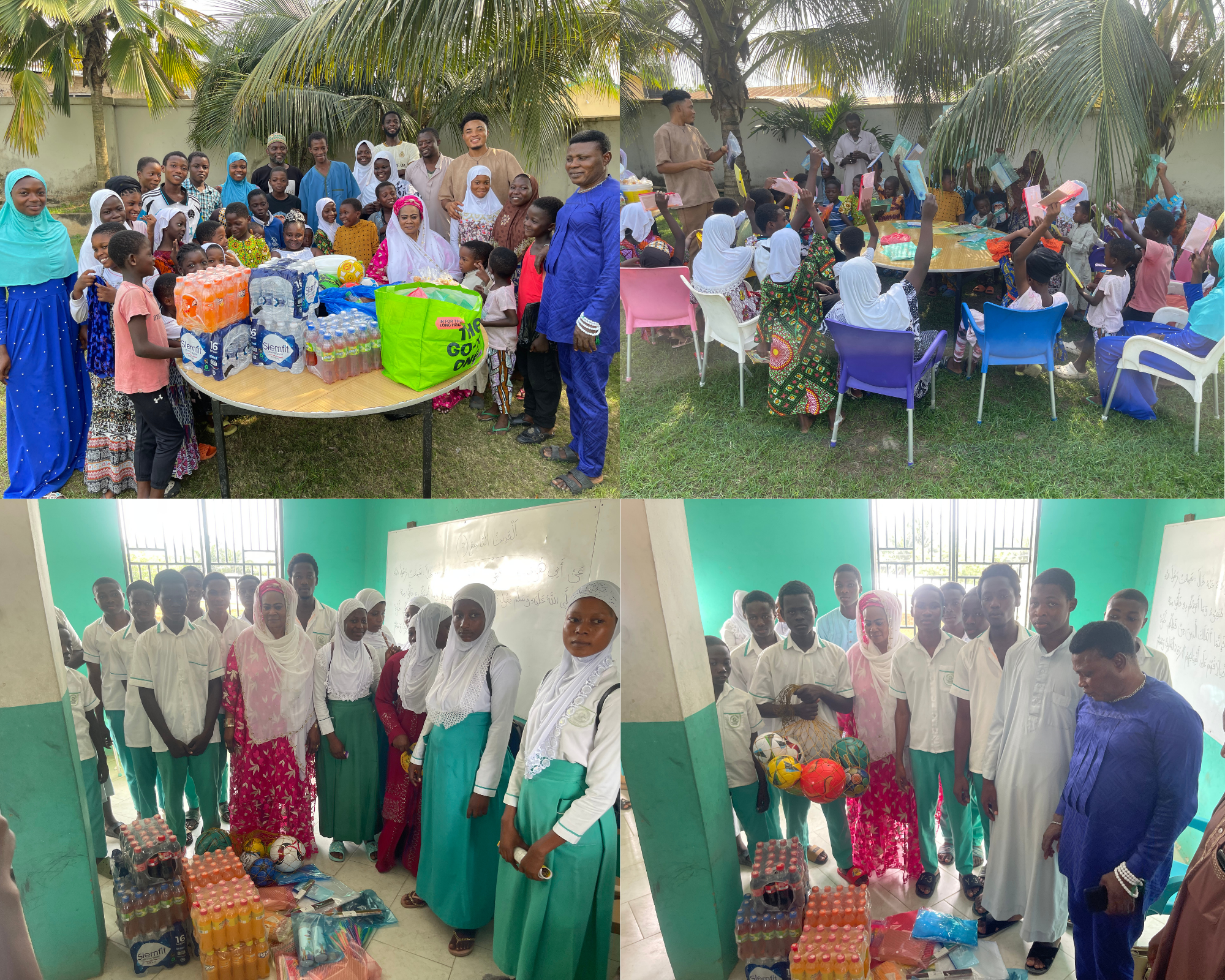 A group of children and adults in a tropical outdoor setting with palm trees, gathered around a table with supplies like bottled water, snacks, and toys for a donation event. Inside, women and children in traditional clothing and school uniforms stand in a classroom with supplies such as soccer balls, bottled drinks, and snacks, participating in a community or charity activity.