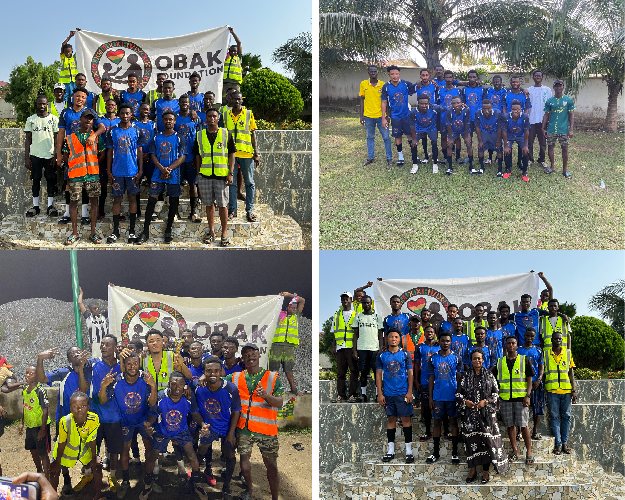 Group of young men and women in blue sports uniforms posing for photos outdoors, with some wearing yellow or orange safety vests, holding a banner that reads 'OBAK Foundation', in a garden area with palm trees and a stone platform.