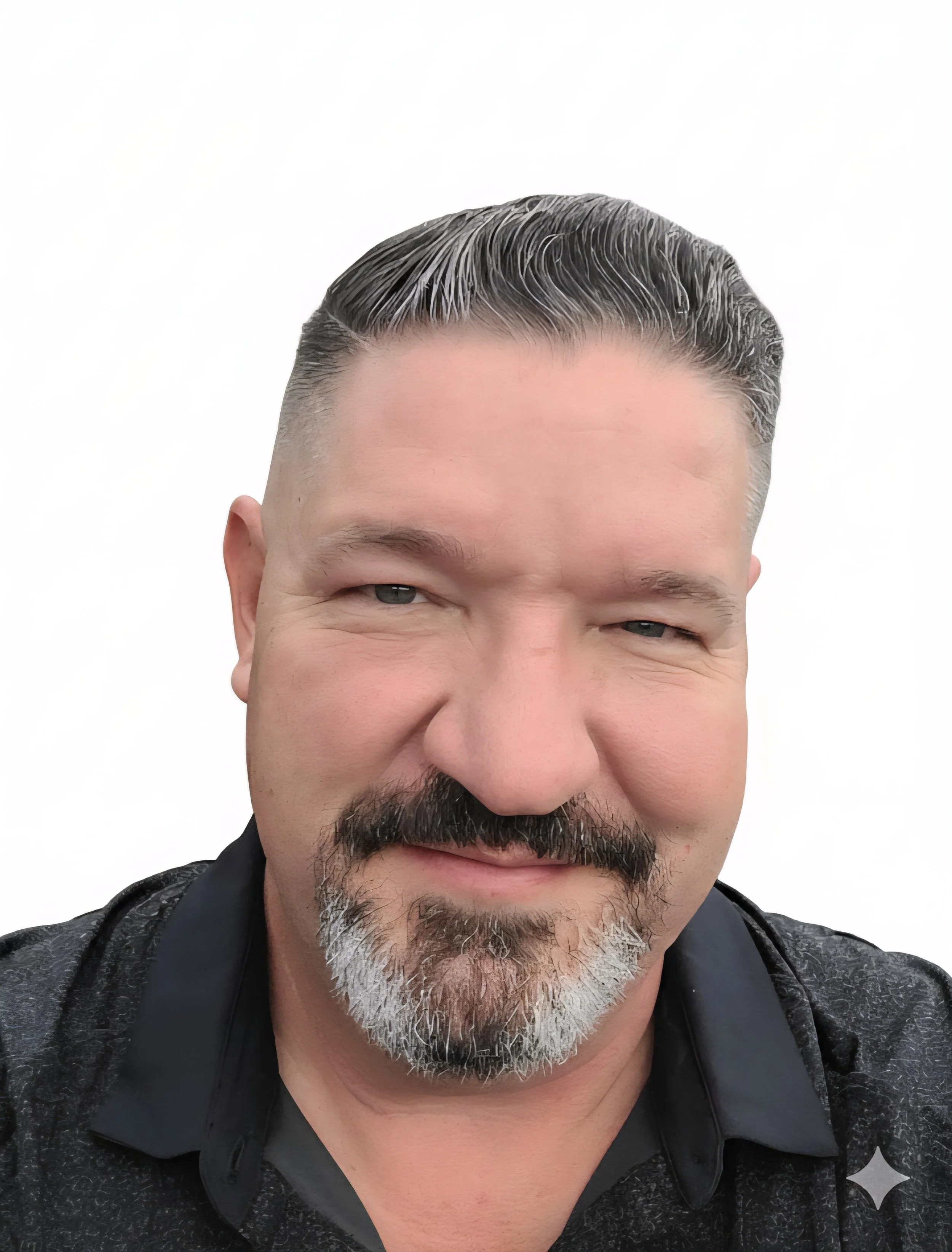 Close-up portrait of a middle-aged man with short, slicked-back hair, a goatee with gray and black beard, wearing a black collared shirt against a plain white background.