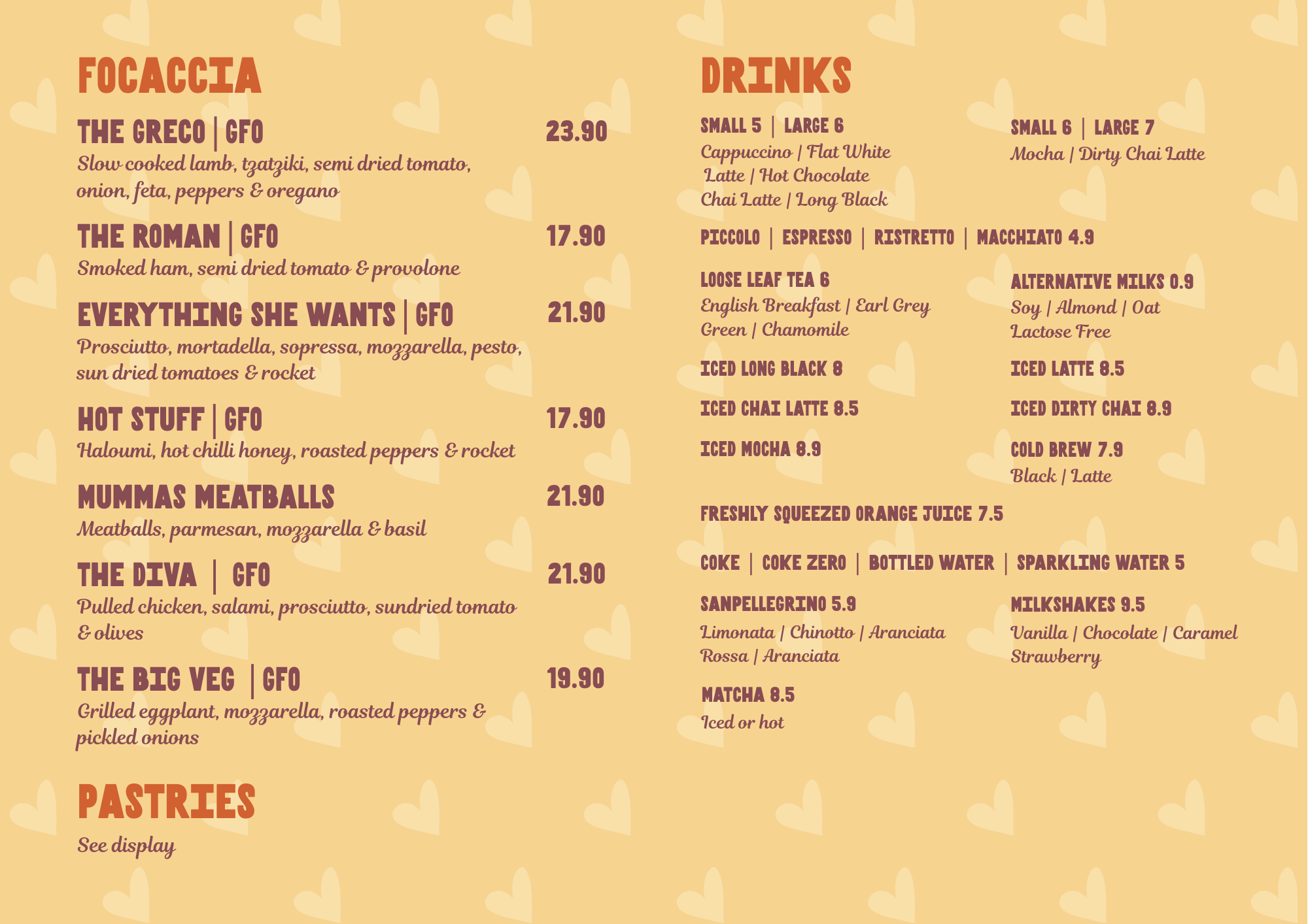 A photo of a menu with focaccias, drinks, coffees, matcha and more