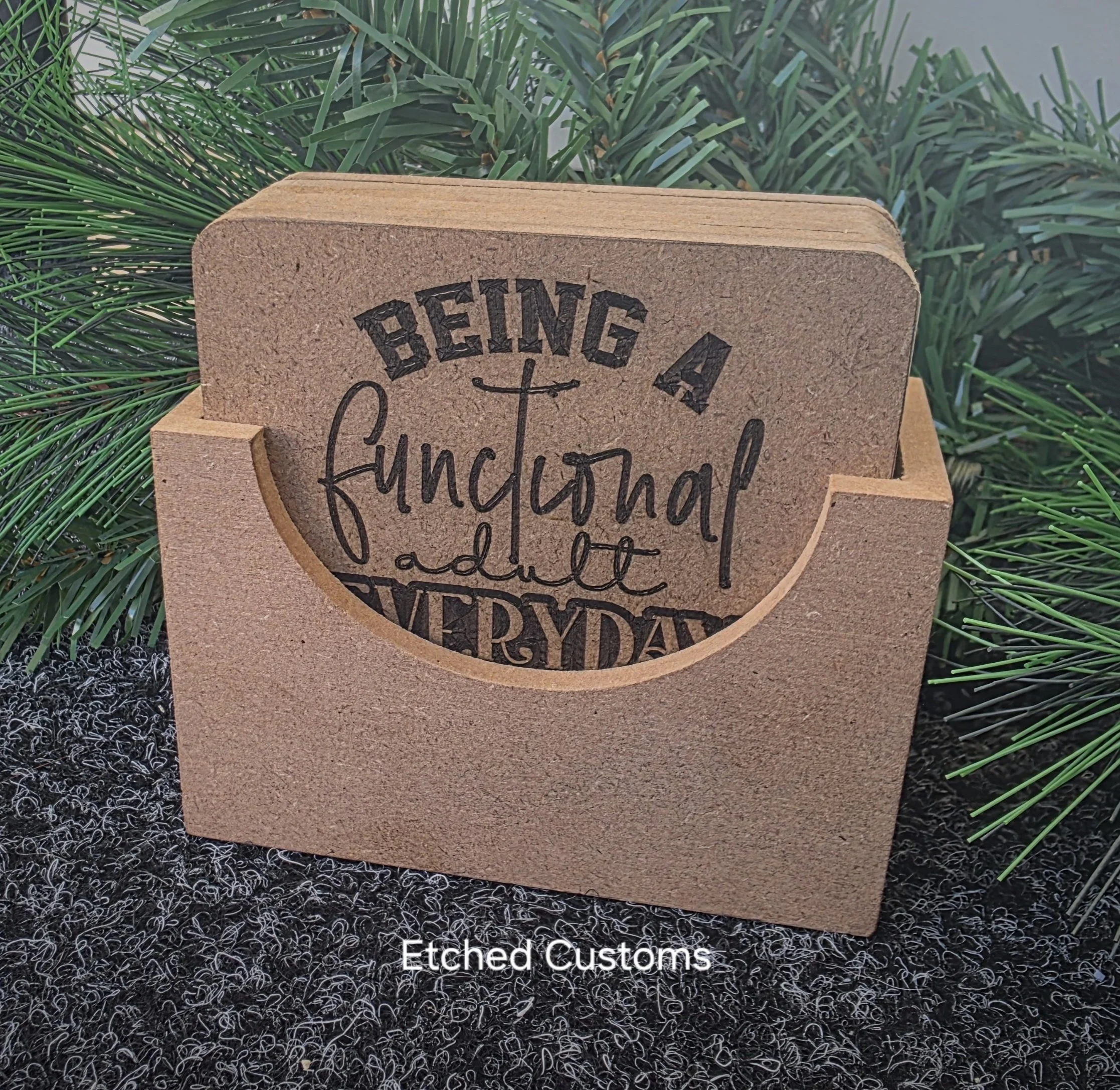 Quirky Laser Engraved Coaster Set with Holder