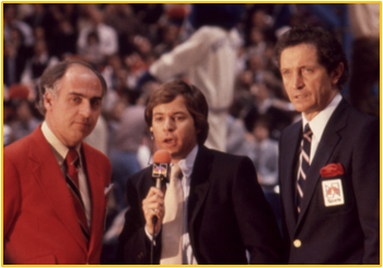 Picture of Bob Costas, Al McGuire and Billy Packer broadcasting trio at NBC sports for college basketball