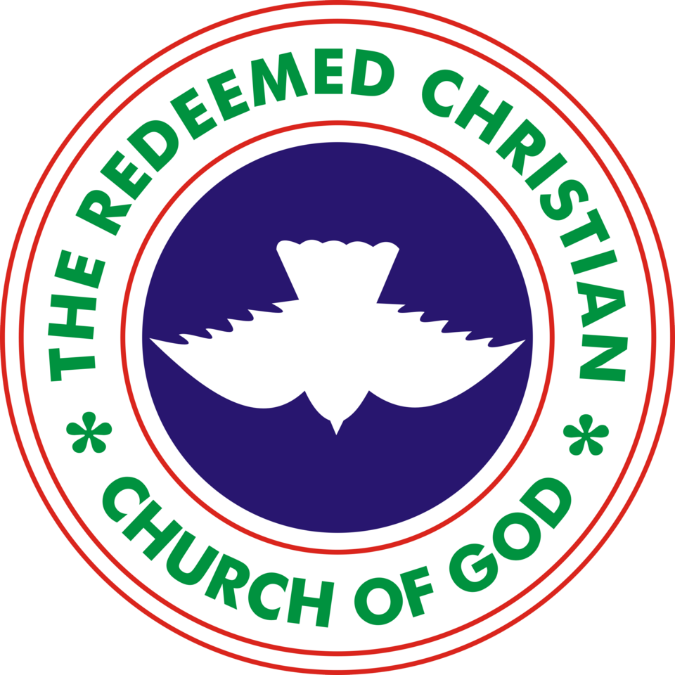 A circular logo with a dark blue background featuring a white dove at the center. Around the dove, green text reads "The Redeemed Christian Church of God" with small green asterisks separating the words.