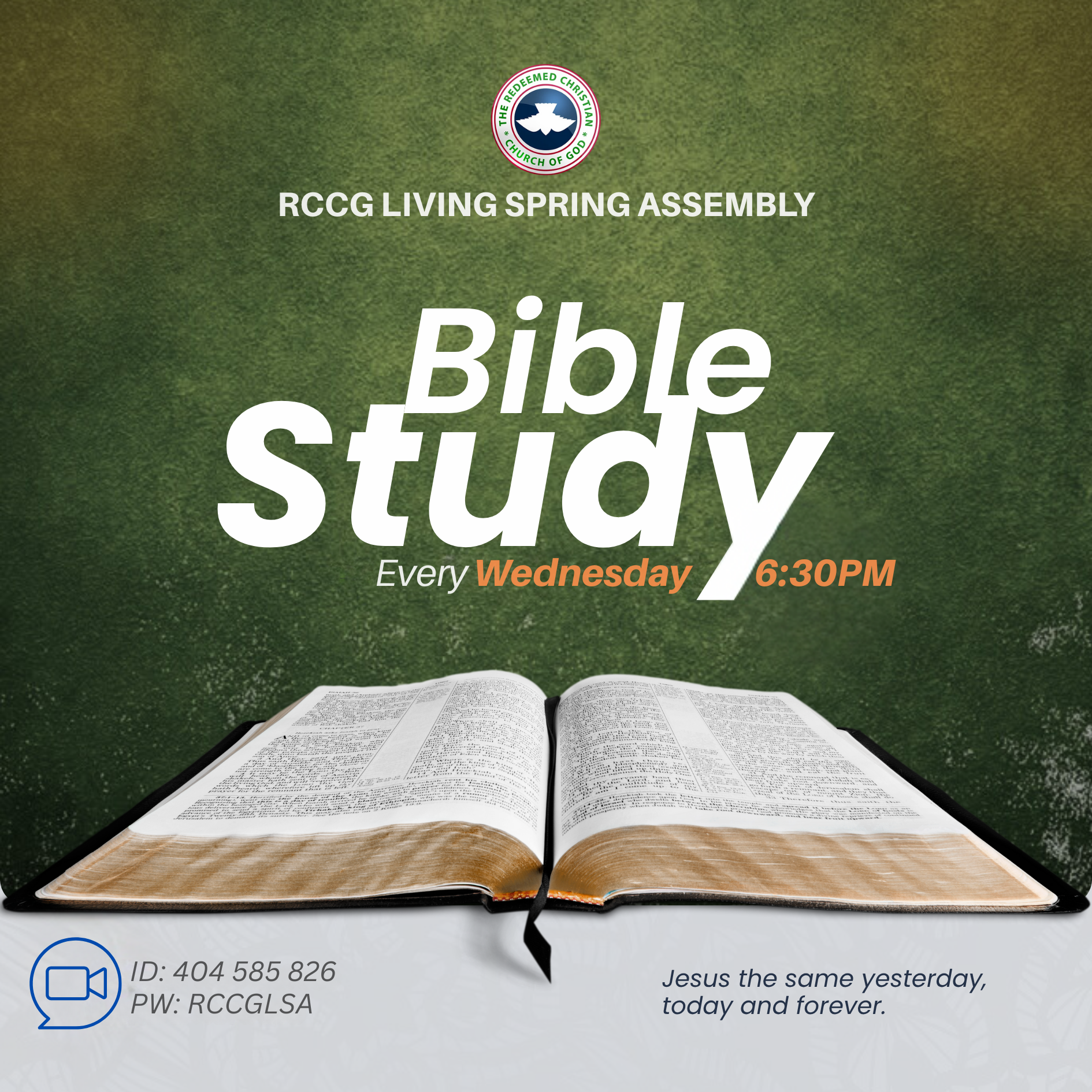 RCCG Living Spring Assembly Bible Study flyer announcing Wednesdays at 6:30 PM, featuring an open Bible and church logo