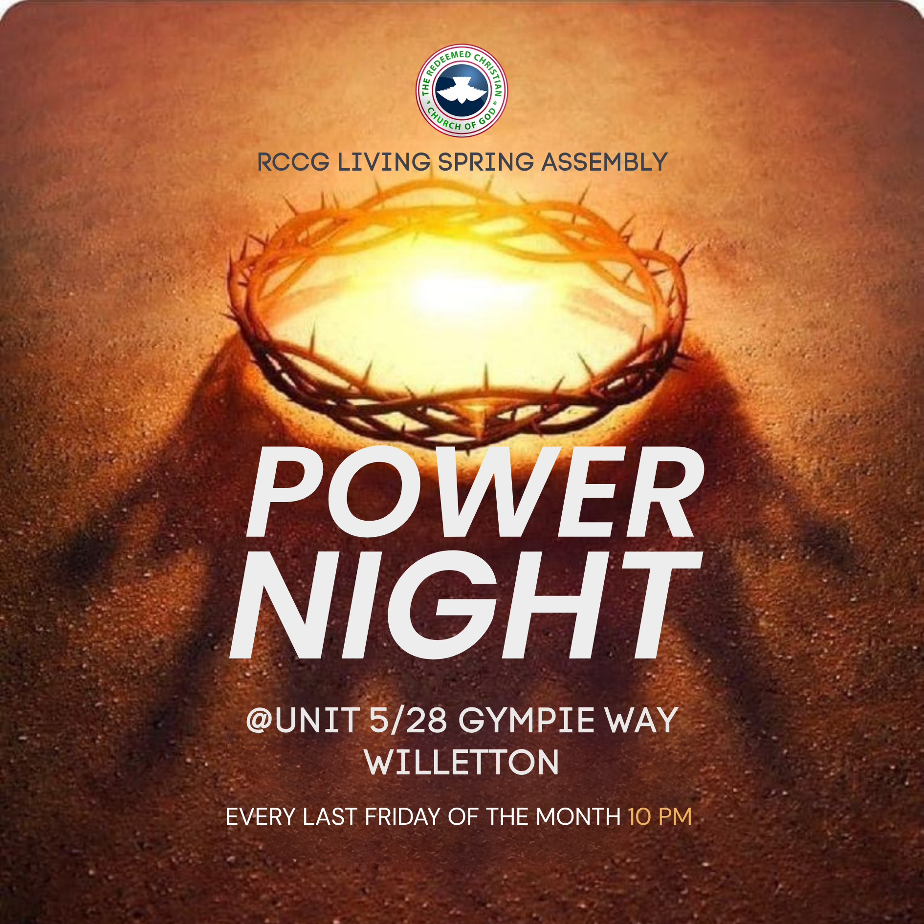 RCCG Living Spring Assembly Power Night flyer featuring a glowing crown of thorns, held every last Friday at 10 PM in W ille tton.