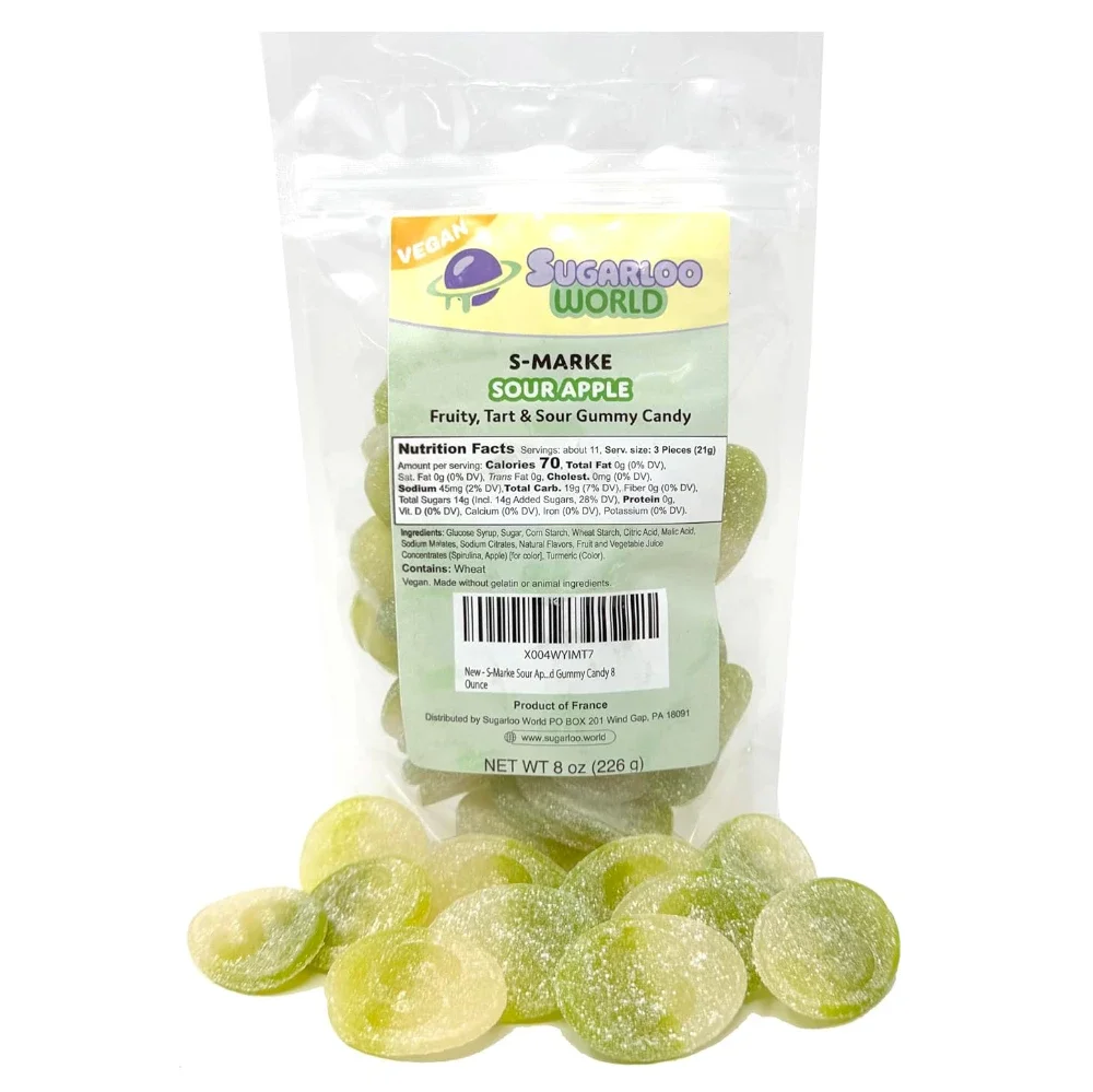 Bag of Sugarloo World S-Marke Sour Apple gummy candy with green sugar-coated gummies in a clear package labeled vegan.