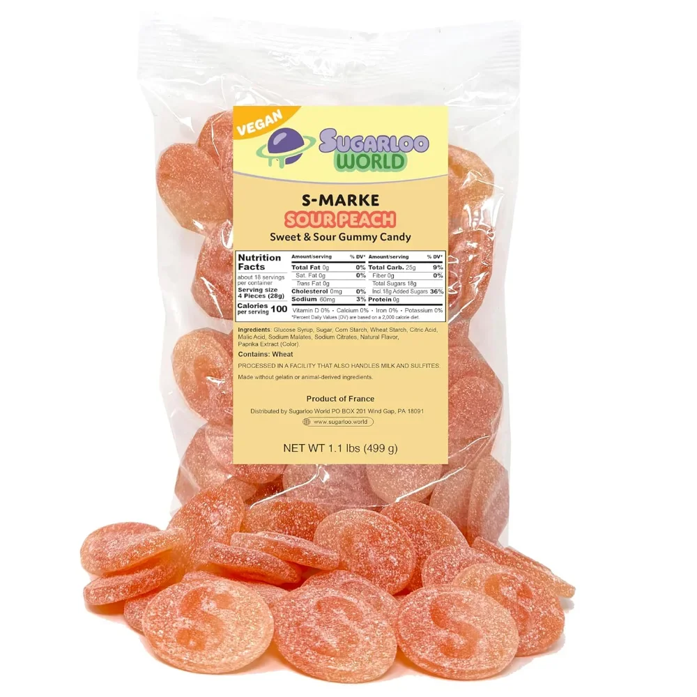 Sugarloo World S-Marke Sour Peach vegan gummy candy bag featuring soft orange sugar-coated peach-flavored gummies displayed in front of the package.