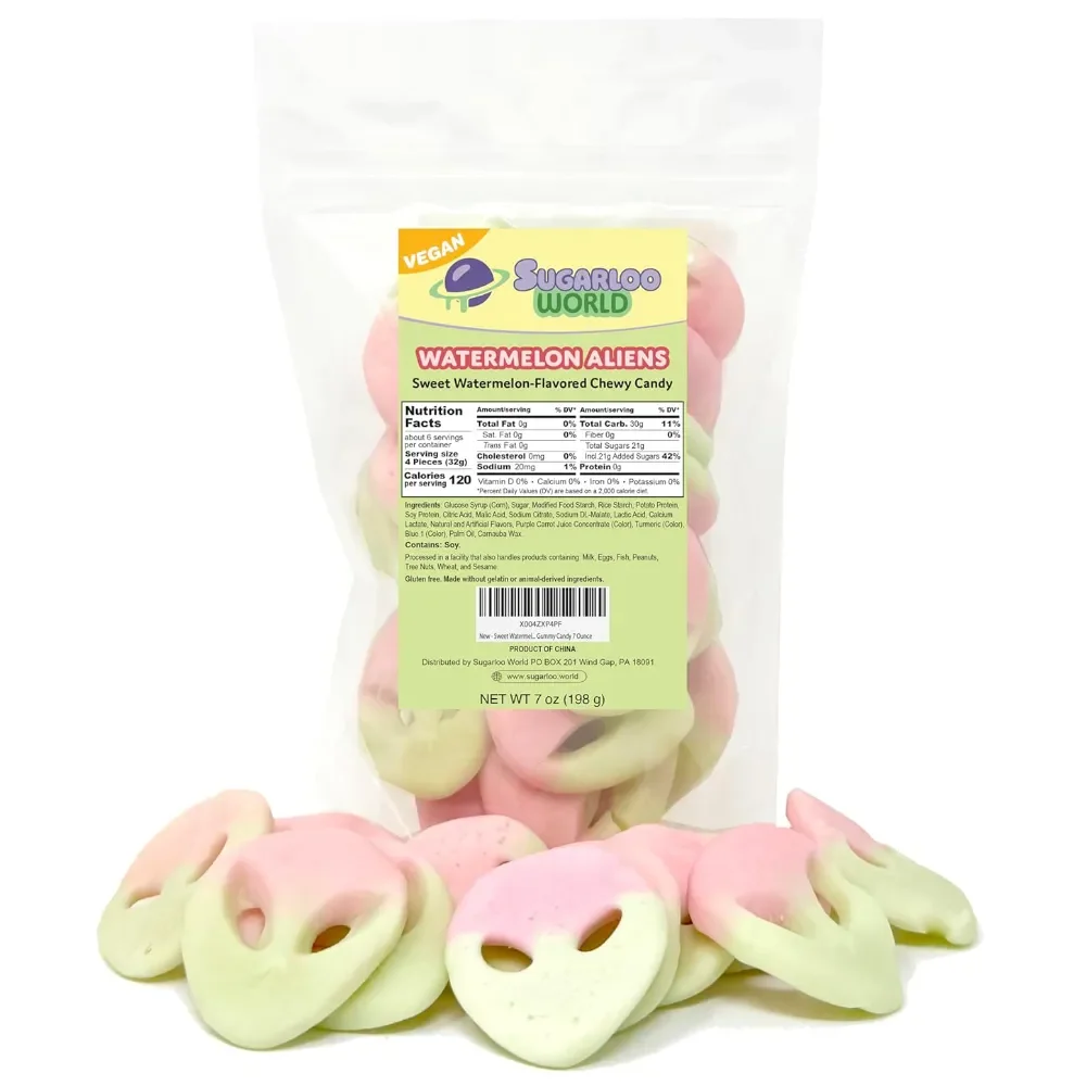 Sugarloo World Watermelon Aliens gummy candy bag with pink and green alien-shaped chewy candies displayed in front of the package.