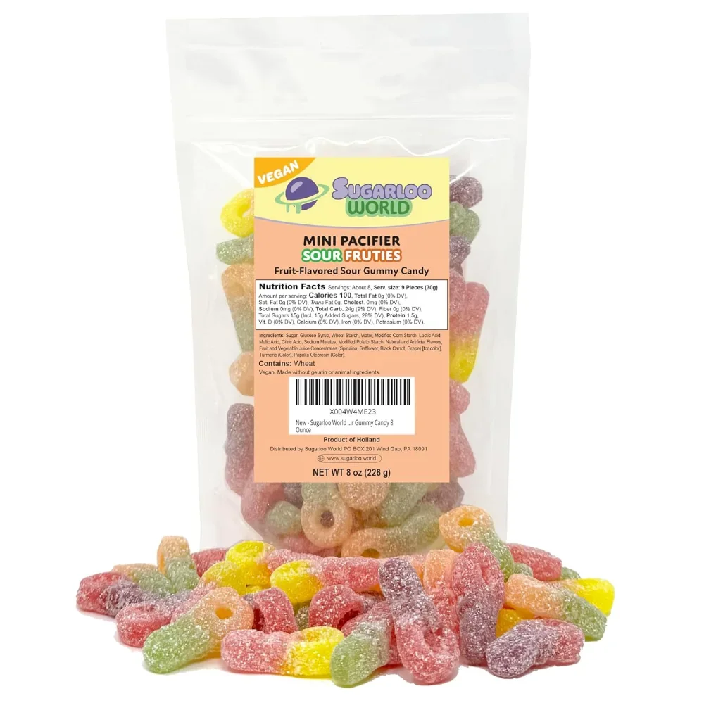 Sugarloo World Mini Pacifier Vegan Candy bag featuring sour fruit-flavored gummy pacifiers displayed in front of the package.